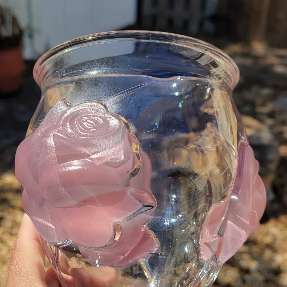 Vintage Teleflora Three Frosted Raised Pink Roses Low Crystal Glass Flower